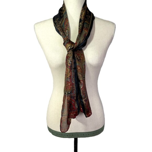 Echo Silk Scarf Paisley Oblong Rectangle 54"x11" Maroon Red Blue Taupe Black - Picture 3 of 10